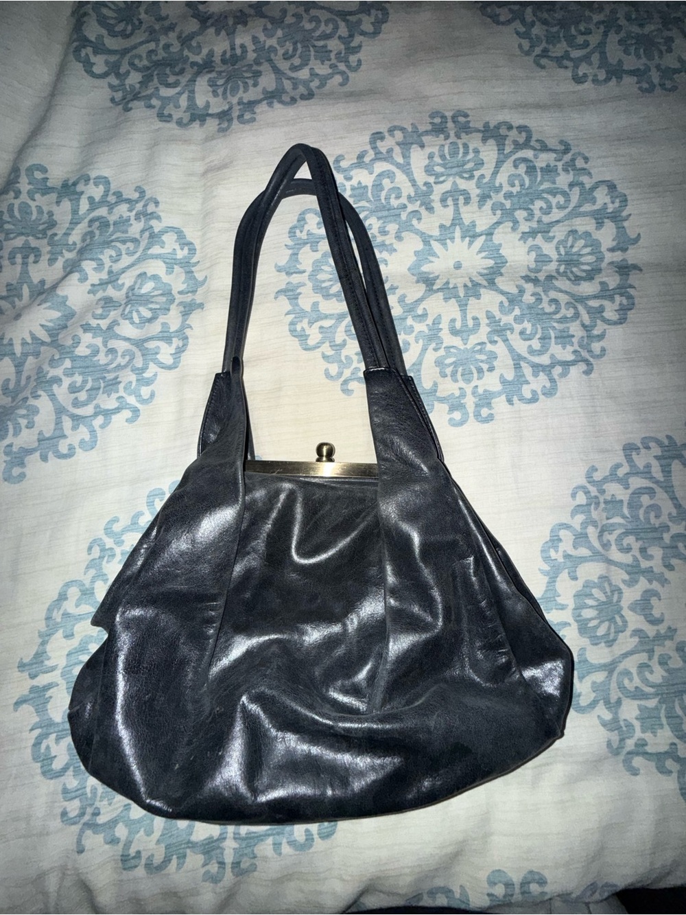HOBO Black Leather Shoulder Bag with Teal and Pink Paisley Lining